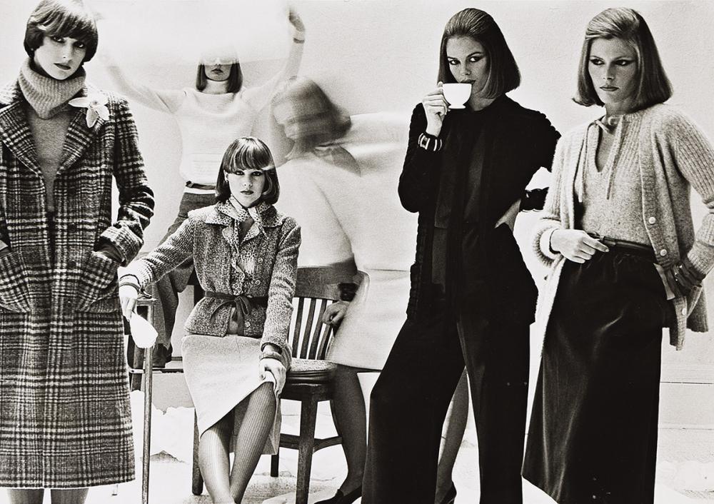 Four models in autumn knitwear and tailoring, black-and-white fashion photograph